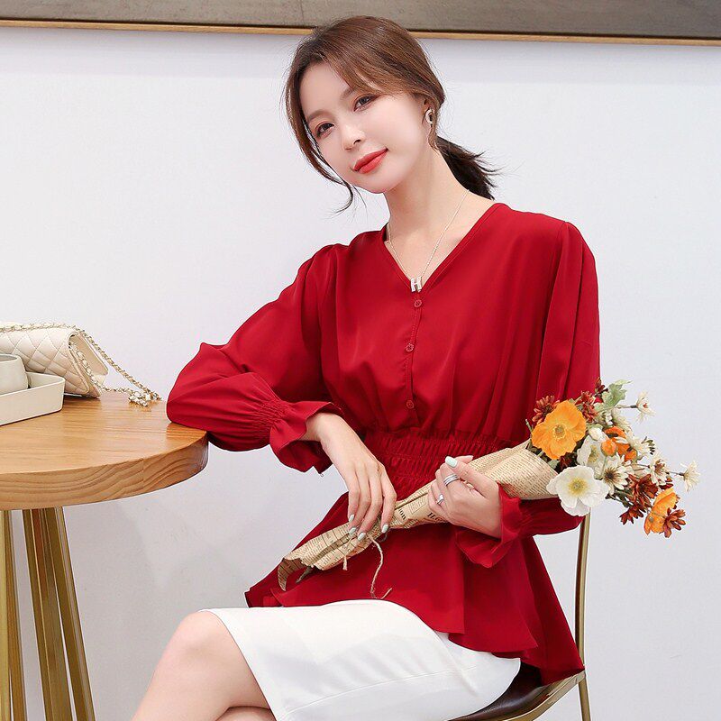 Chic Shirt Woman V-collar Red Skirt Skirt Closed in Spring and Autumn Costume