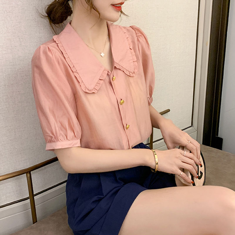 Doll collar chiffon village shirt women's short style design sense niche French puff sleeve Korean style chic top age reduction summer