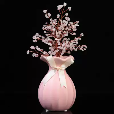 Natural crystal tree pink crystal ornaments, marriage peach blossom fortune living room bedroom bedside wedding gift entrance door