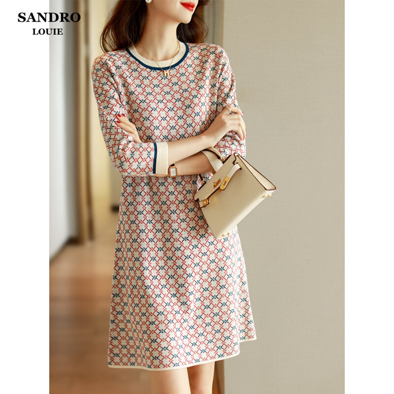 Day Ensemble Light Extravaganza 2022 Early Spring New Women Dress Herbena Wind Round Collar 70% Sleeves Cashew Slim Knit Dress