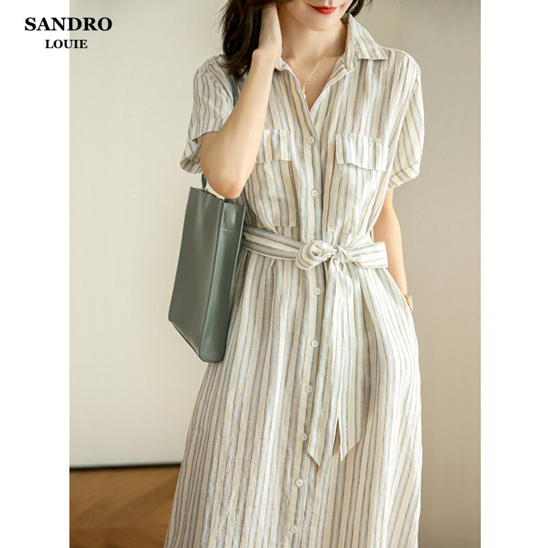 Light Extravaganza Natural Linen Light Cooked wind dress Children display slim fit waist lacing Vertical Stripes Short Sleeve Shirt Foreign Dress