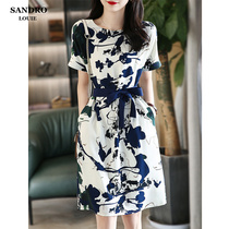 Day Faculty Light Extravagant Real Silk Women Dress Gorgeous water ink Dyeing Belt dress Dress Woman Mulberry Silk Collection Waist Display Slim Mid-Length Dress