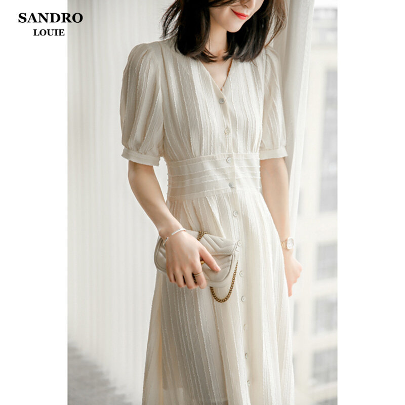 Fan-style light lavish brother-in-law light cooked windy 2022 Summer new V collar single row with high waist mid-length dress