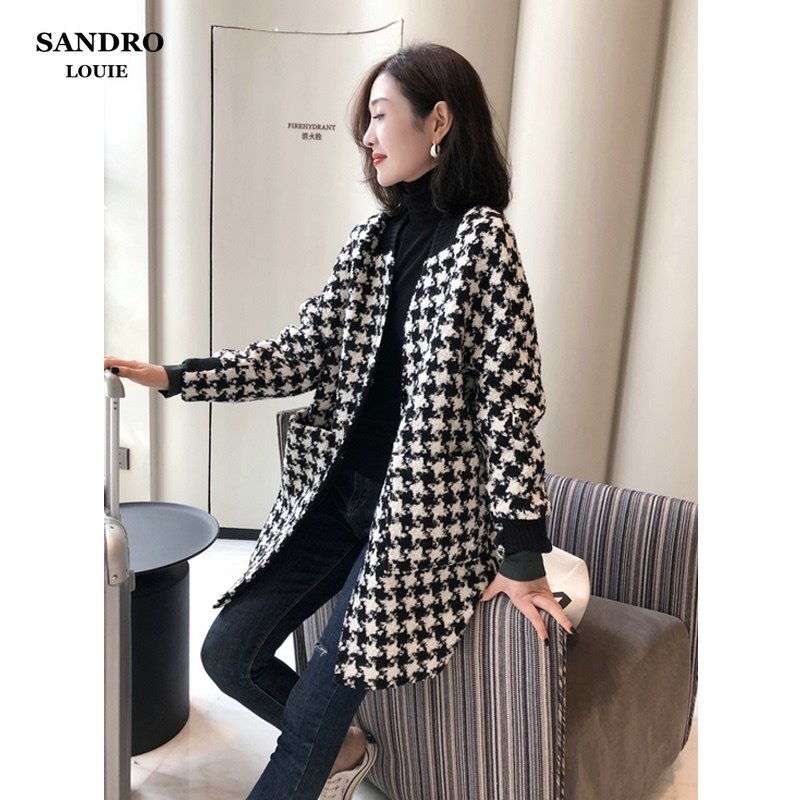 Japanese light extravagant thousand bird grid woolen coat women's long model 2021 New European station thick temperament woolen coat