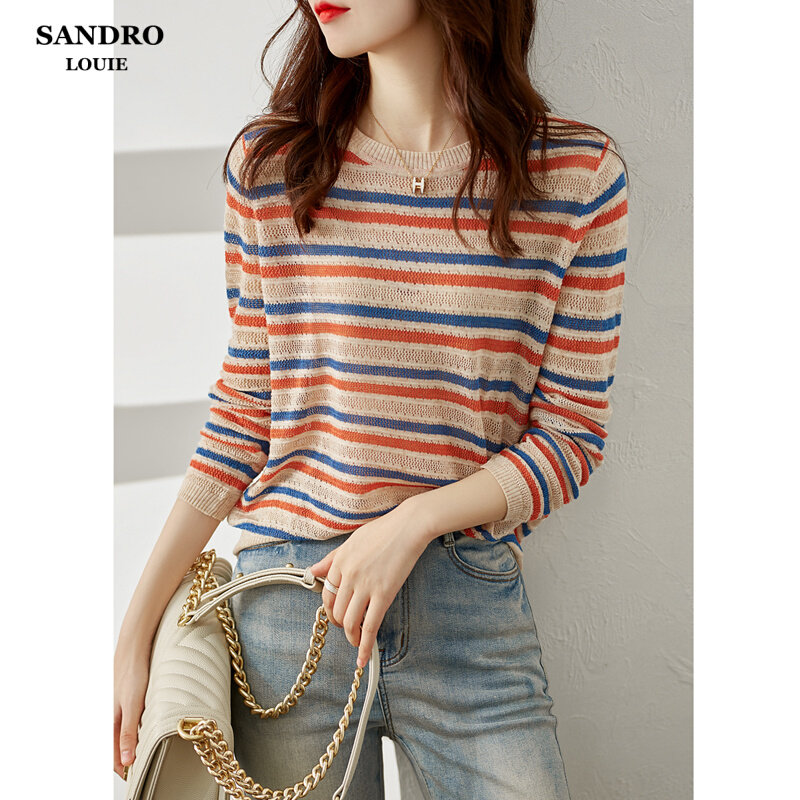 Day Faculty light extravagant dress with female rainbow striped collared hollowed-out knitwear round collar long sleeve blouse thin bottom shepherd sweatshirt
