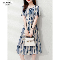 High-end summer dress true silk dress with dress female summer heavy pound mulberry silk ocean gas minus age lacing to collect waist and ink wind in a long dress