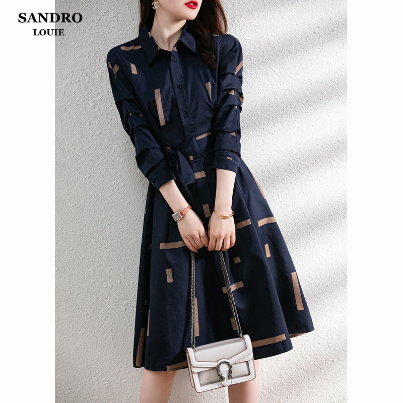 Day Ensemble Light Extravagant New Block Plaid Long Sleeve Foreign Dress Woman Cashew Slim Temperament Medium Long Version Shirt A-word Dress