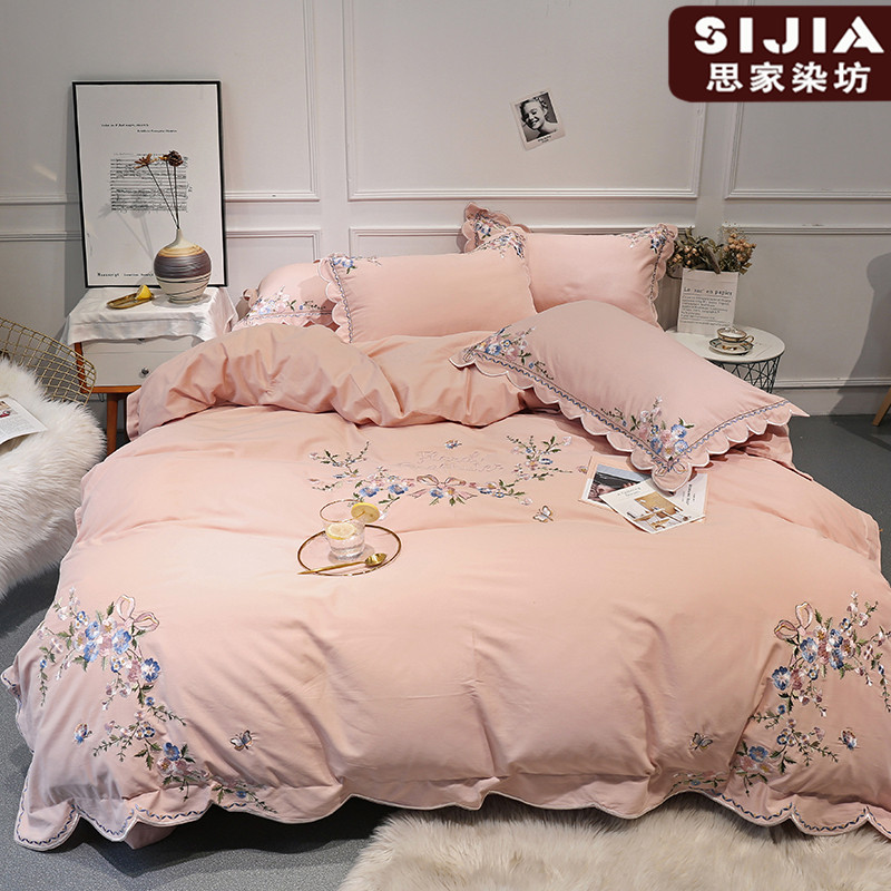 Small frescoed 60 whole cotton embroidered flowers four pieces of covered quilt cover pure cotton linen grinding powder color European-style bedding