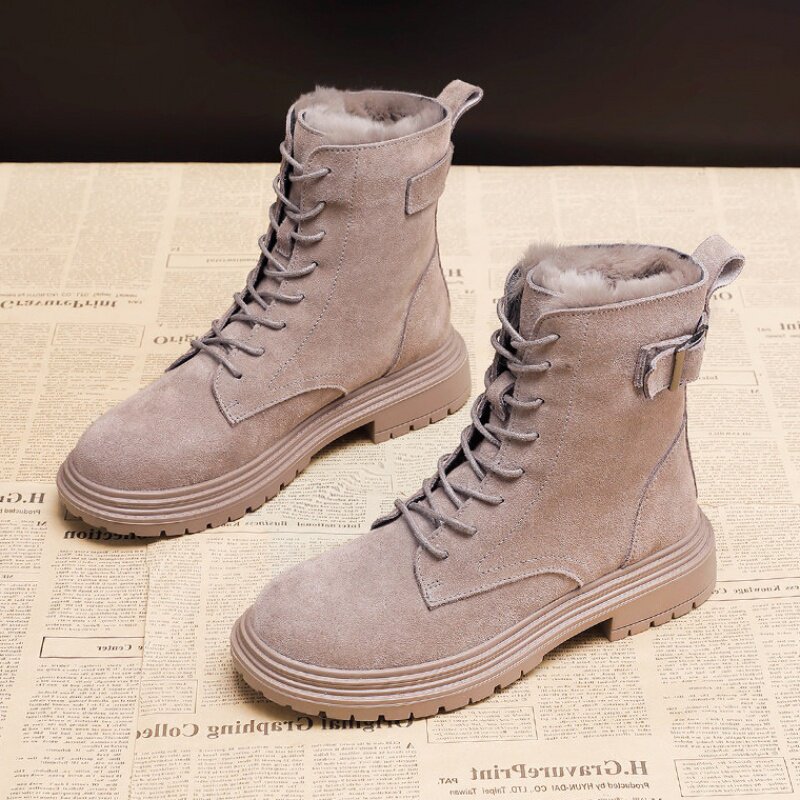 Hong Kong net red leather snow boots women's velvet thickened 2020 new winter all-match leather Martin boots cotton shoes