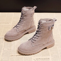 Hong Kong net red leather snow boots womens velvet thickened 2020 new winter all-match leather Martin boots cotton shoes