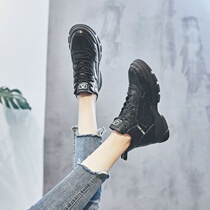 Hong Kong high-top daddy shoes womens winter plus velvet warm 2020 new leather wild soft bottom heightened black sneakers