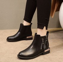 Hong Kong thick heel leather Martin boots womens 2020 new winter plus velvet net red slim side zipper boots womens short boots