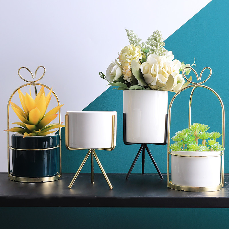 Nordic Net Red Iron Frame White Ceramic Flower Pot Multimeat Plant Basin Florator Pendulum Pieces Creative Ins Tabletop Decorations