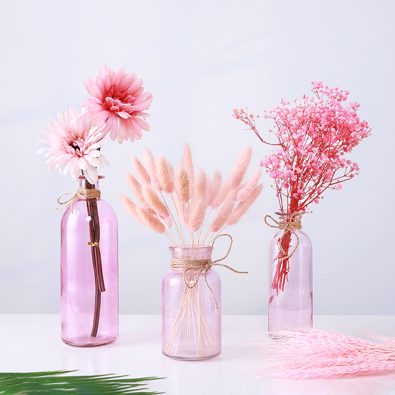 Pink glass hydroponic vase decoration Living room flower arrangement Nordic style modern flower table dry flower decoration decoration