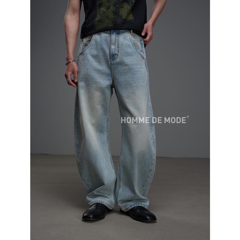 Homme De Mode 【Spring Blue】 High-Weight Twill Fabric, Heavy-Duty Washed Curved Knife-Cut Soft Denim Jeans