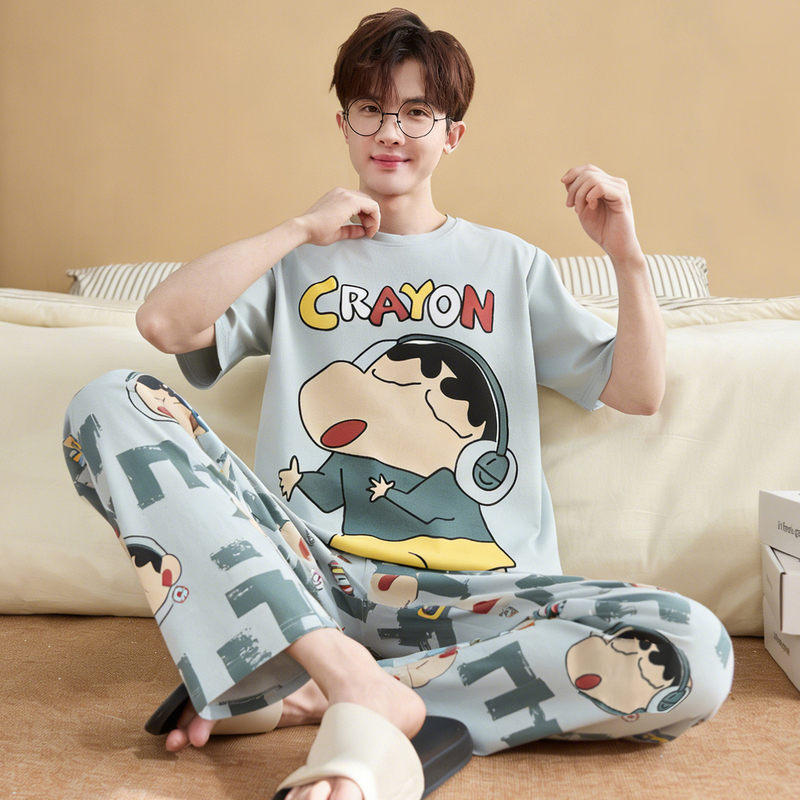 Summer Pure Cotton Short-Sleeved Long Pants Teenage Men's Pajamas Anime Cartoon Headphones Xiaoxin Loose Plus-Size Loungewear
