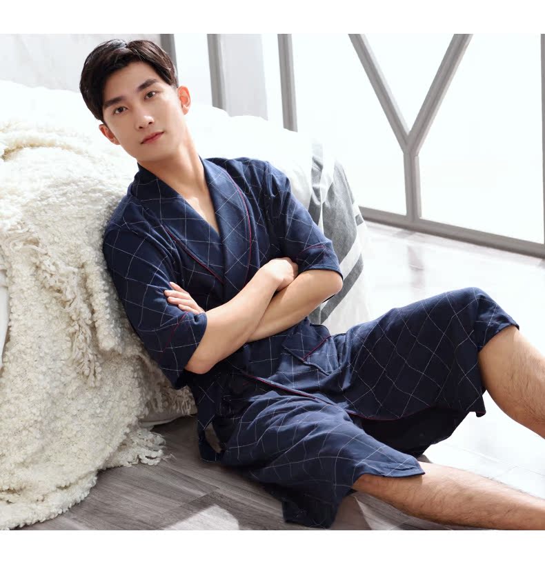 Áo choàng tắm cho nam Áo ngủ mùa xuân và mùa thu Cotton tay ngắn Trung niên trung niên Dad Cotton Nhật Bản Đồ ngủ nam đồ ngủ nam hàn quốc