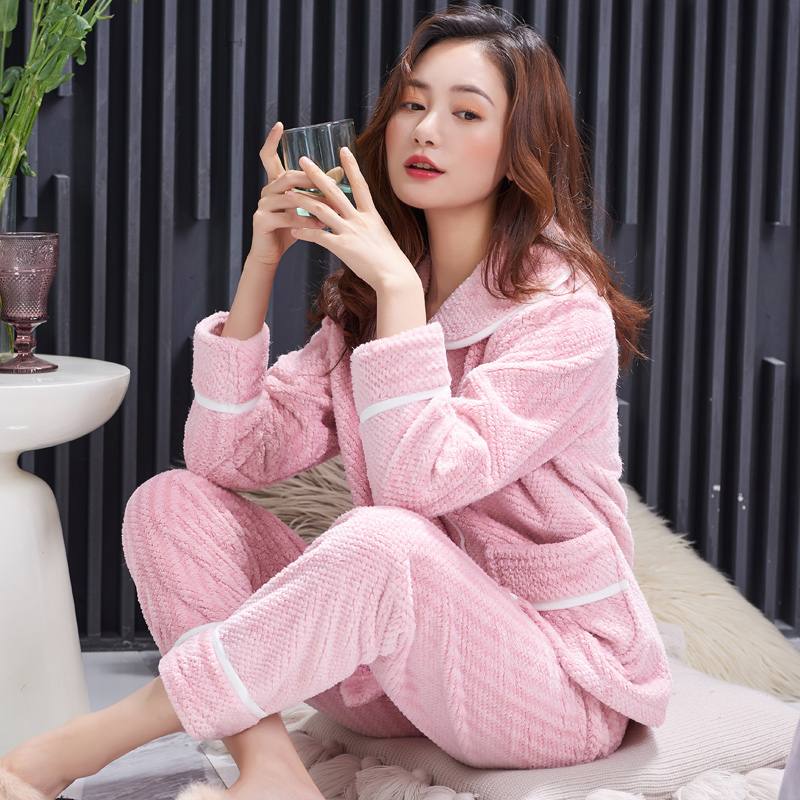 Round pajamas woman autumn coral wool thickening spring and autumn flannel winter wear outfit home dress casual suit