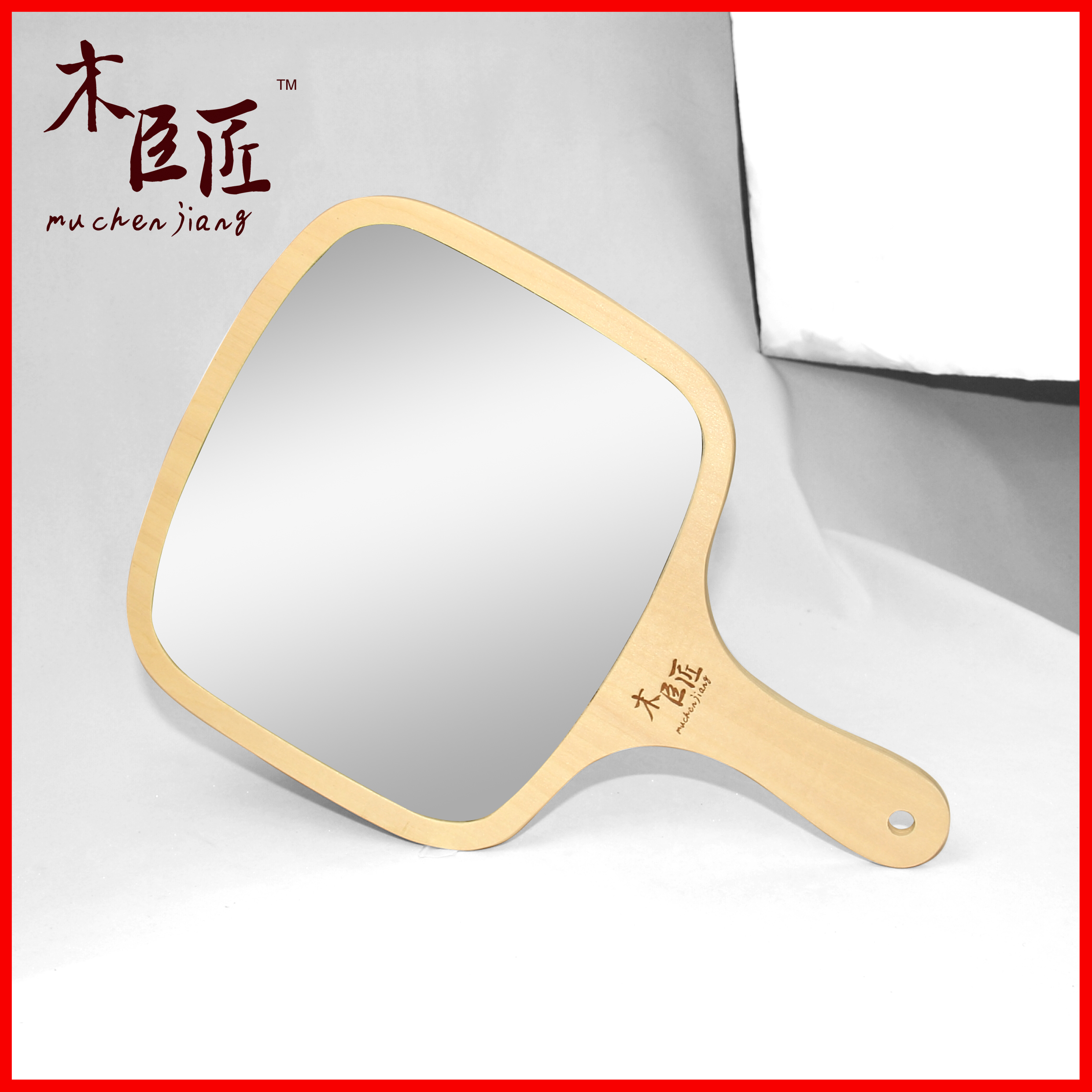 Wooden carpenter hands with wooden hair salon large number handle mirror portable beauty cosmetic mirror can hang with holding cosmetic mirror