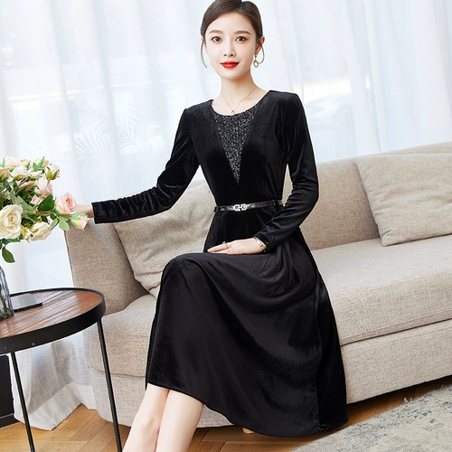 Бархатное длинное весеннее ретро элитное платье для матери, средней длины, городской стиль, яркий броский стиль