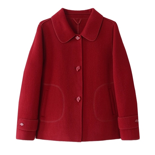 Демисезонное шерстяное пальто, короткая шерстяная красная двусторонная куртка для матери, для среднего возраста