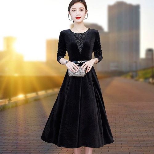 Бархатное длинное весеннее ретро элитное платье для матери, средней длины, городской стиль, яркий броский стиль