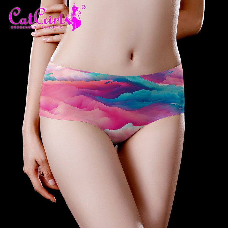 Printed underwear women's mid-waist hot sexy underwear gradient color briefs Trend seamless underwear women's ice silk style