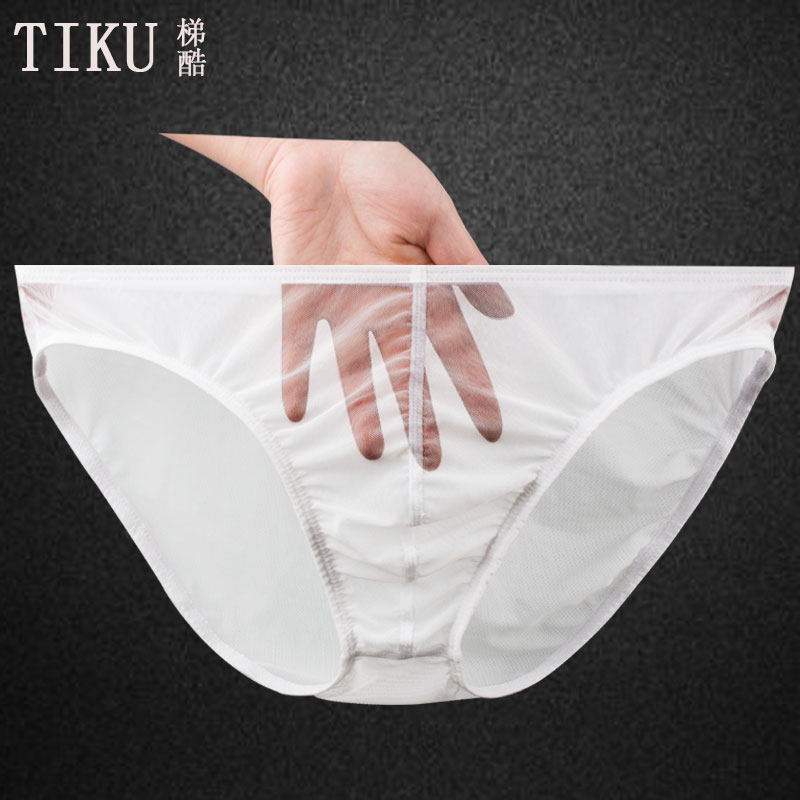 Men's sexual apostle All transparent mesh gauze Underpants ultra-thin Ice Silk Mesh Lace Triangle Pants White Large Size Yard Summer