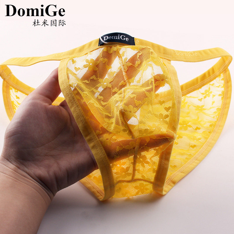 Men's Underwear Lace Fabric Sexually Apologetic Yellow Ice Silk Mesh Perspective Low Waist Triangle Pants Slim