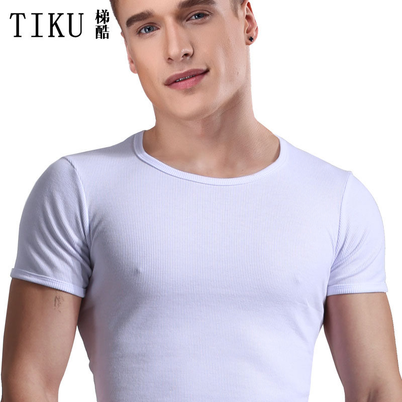 TIKU ladder cool men's threaded cotton round collar knitted short sleeves breathable body fitness T-shirt youth handsome