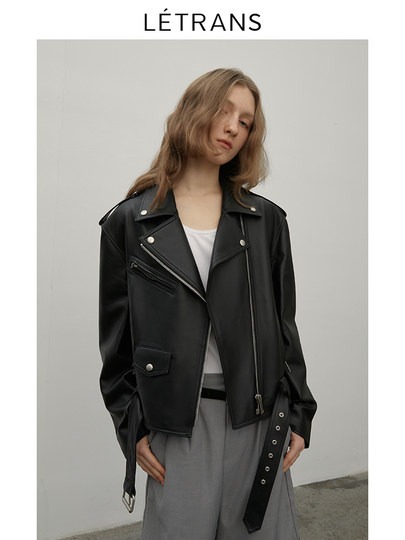 元一letrans紫川 黑色真皮机车皮衣女秋冬新款绵羊皮夹克外套短款