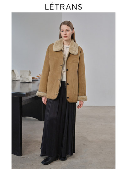 Yuanyi Letrans Winter Coco Merino fur de una sola pieza versión contrastante chaqueta de piel de gamuza mirando hacia afuera