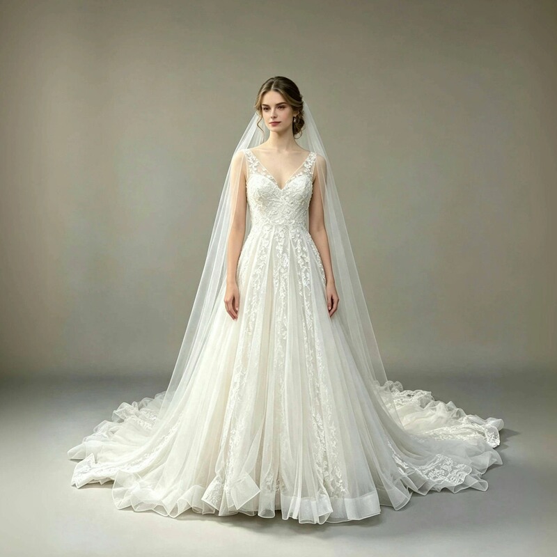 Brand Sample Dress for Travel Photography, Long Train, Full Lace, Hand-Beaded, Classic, Simple, Slim-Fit, Flattering Wedding Dress for Lawn Settings
