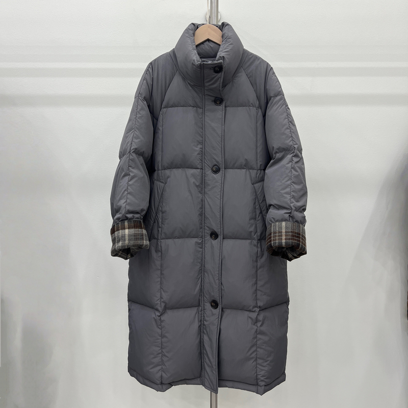 Korean Dongdaemun Plaid New National Standard 90 White Duck down Stand Collar Single-Breasted Casual Thickened down Jacket for Women, Mid-Length Style