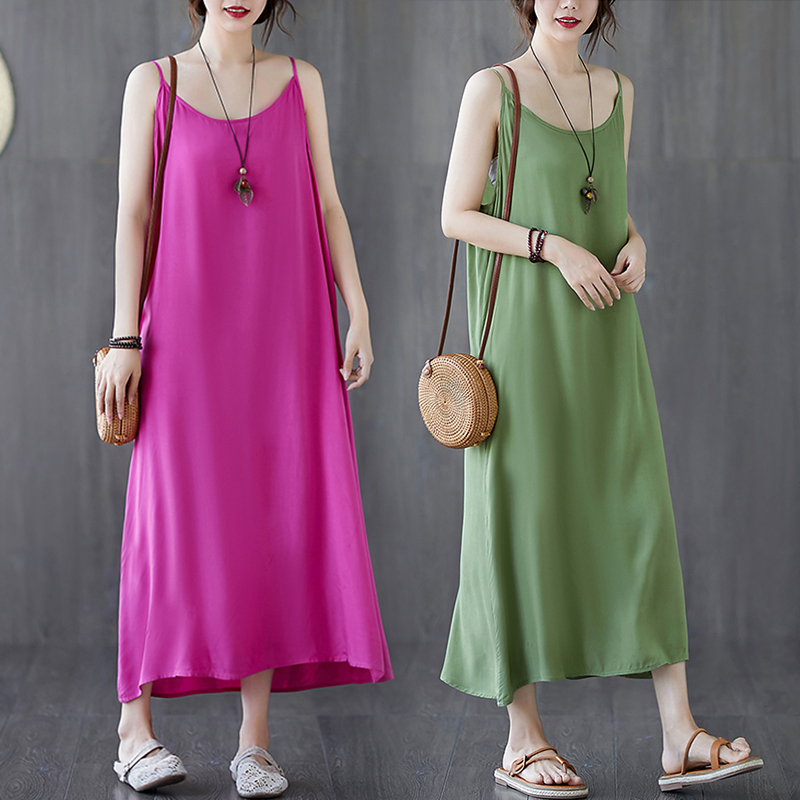 Solid Color Sleeveless Dress, Summer A-Line Inner Vest Base Dress, Loose Fit, Tummy-Concealing Long Camisole Dress