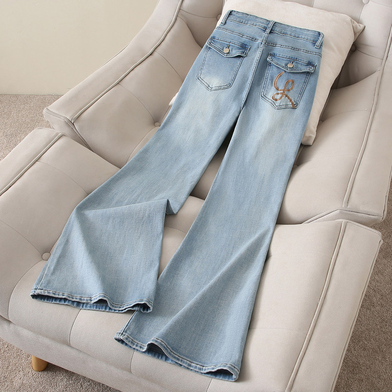 Canary Kiss Light Blue Flared Jeans for Women, Summer Thin Stretchy Slim-Fit Bootcut Pants