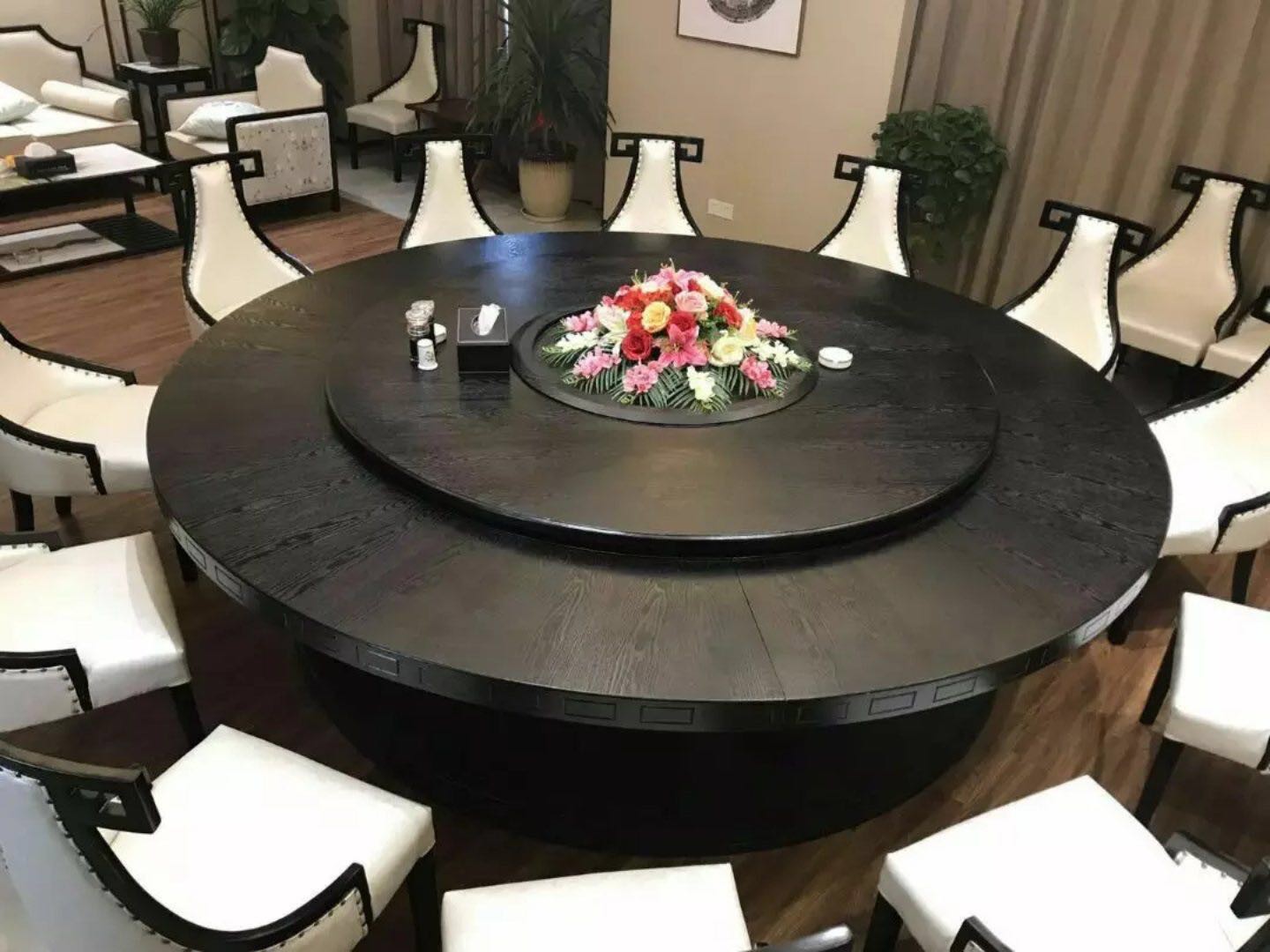 High-end hotel electric big round table club theme restaurant table automatic turntable hotel round table 15 people table and chairs