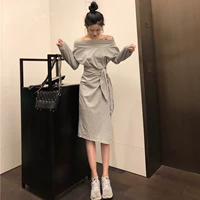 2018 đầu mùa thu nạp new chic váy Slim Hàn Quốc phiên bản của đoạn dài một từ vai eo dài tay áo ăn mặc của phụ nữ quần áo áo cưới