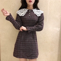 2018 mùa thu mới chic tweed váy eo váy khí dài phần dài tay áo Một từ váy phụ nữ váy xếp ly dài