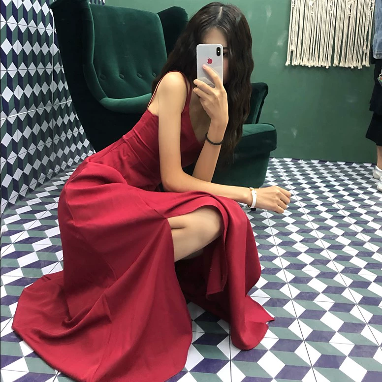 Mùa hè 2020 mới gợi cảm chéo dây treo váy mỏng mid-length chia tay váy không tay - váy đầm