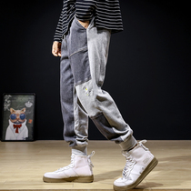 Hong Kong Boomer Spring Autumn Season New Denim Splicing Wear Pants Mens Day Department Loose Youthful Vitality Bunk Foot Casual Pants
