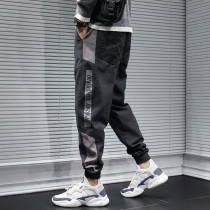 Hong Kong Tides Pure Color Tightness Waist Casual Pants Male Korean version 100 Lap Loose Personality Stripe Shrink Harun Long pants man