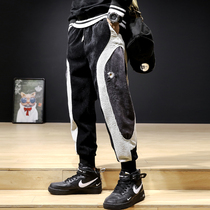 Hong Kong Tide Cards Autumn Winter Splicing Casual Pants Mens Day Department Sports Loose Big Code Bunches Light Core Suede Harun Pants