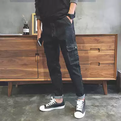 Hong Kong Chao brand Hong Kong wind Spring Autumn loose jeans men's straight casual Harlan black pants overalls trousers