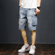 Hong Kong Tide Card 50% Denim Shorts Mens Korean Version Loose Summer Thin with Broken Cave Seven Pants Casual Sports Pants