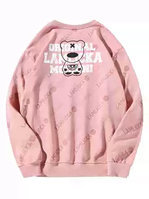 Hong Kong Tide round neck thick cotton T men plus velvet large size hip hop long sleeve panda letter print pink couple top