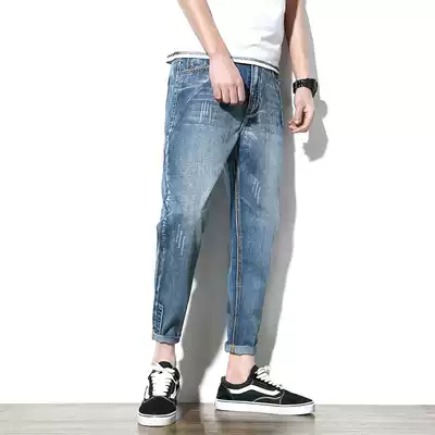 Hong Kong Tide brand autumn new youth stitching casual jeans men's Hong Kong wind Joker loose small feet Haren pants