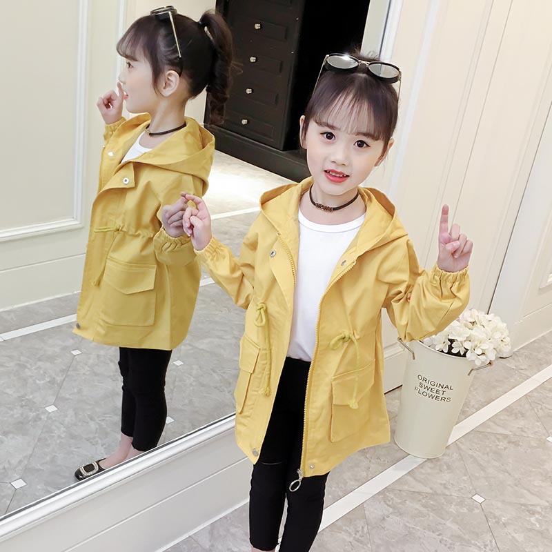 Trẻ em của chiếc váy cô gái áo gió mùa thu trang phục mới 2019 vừa Big Child Hàn Quốc phiên bản của cardigan dài áo trùm đầu dương âm của trẻ em.