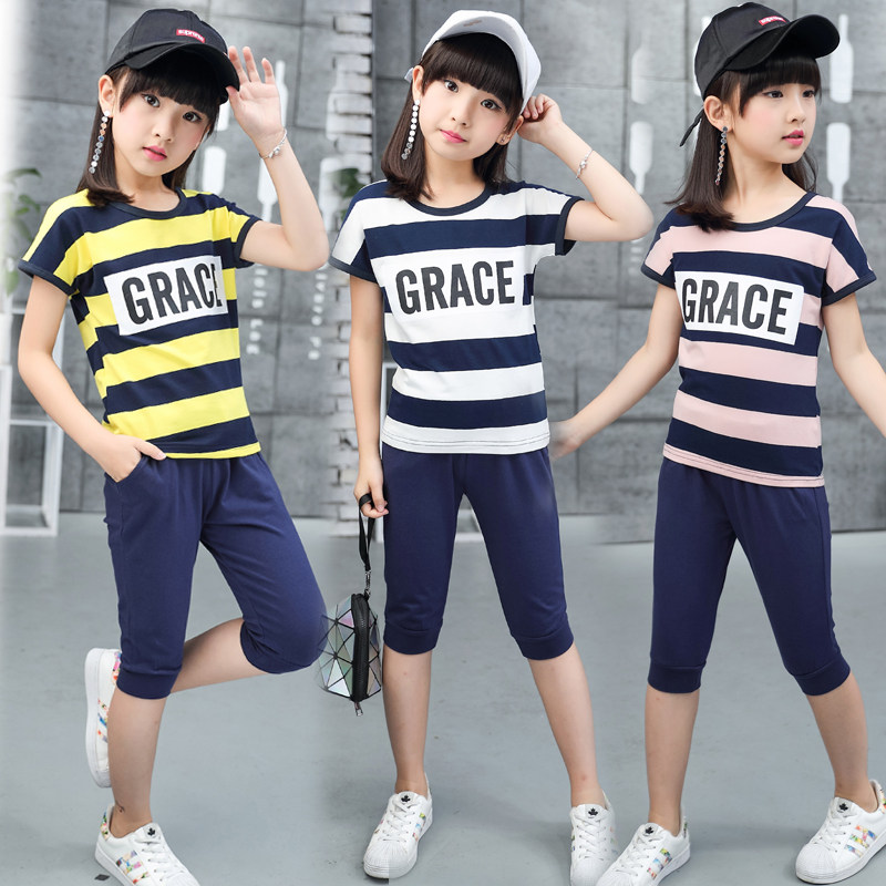 Children's Clothing Girls Summer Clothing 2022 New Children Sports Suit Summer Short Sleeves CUHK Children Casual Streaks Two Sets