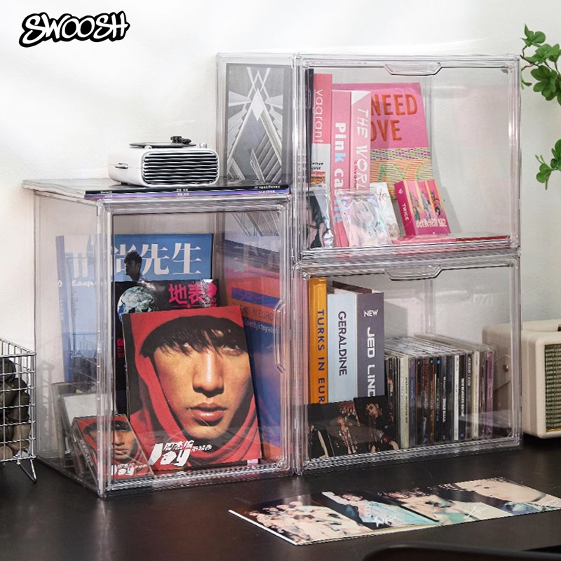 Acrylic Book Storage Box, Transparent Bookshelf, Desktop Organizer, Dust-Proof Large-Capacity Display Cabinet